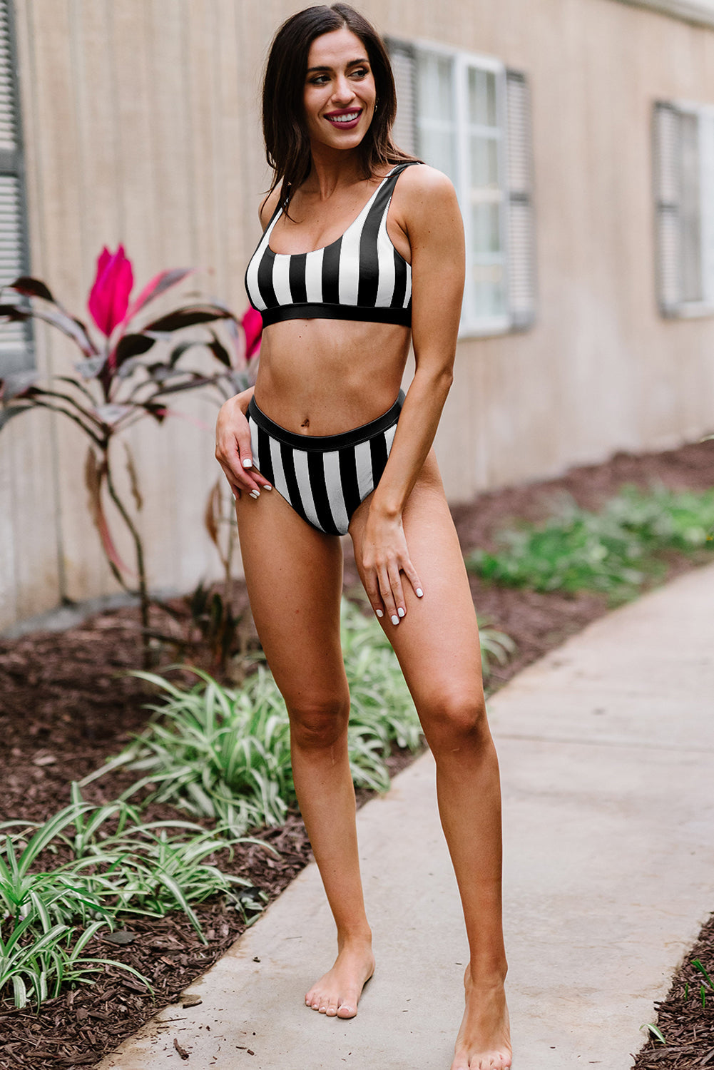 Black Athletic Striped Tank High Waisted Swimsuit