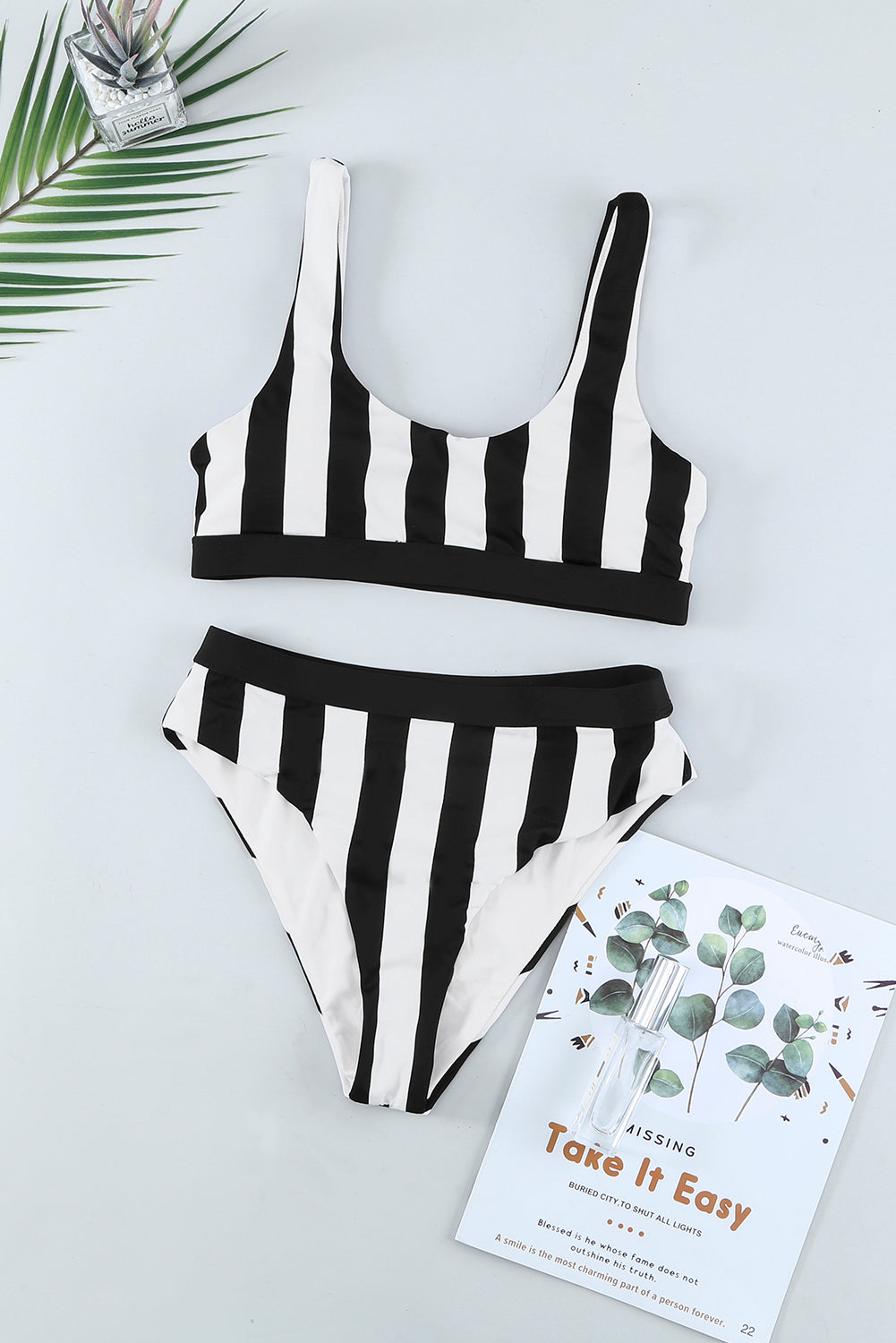 Black Athletic Striped Tank High Waisted Swimsuit