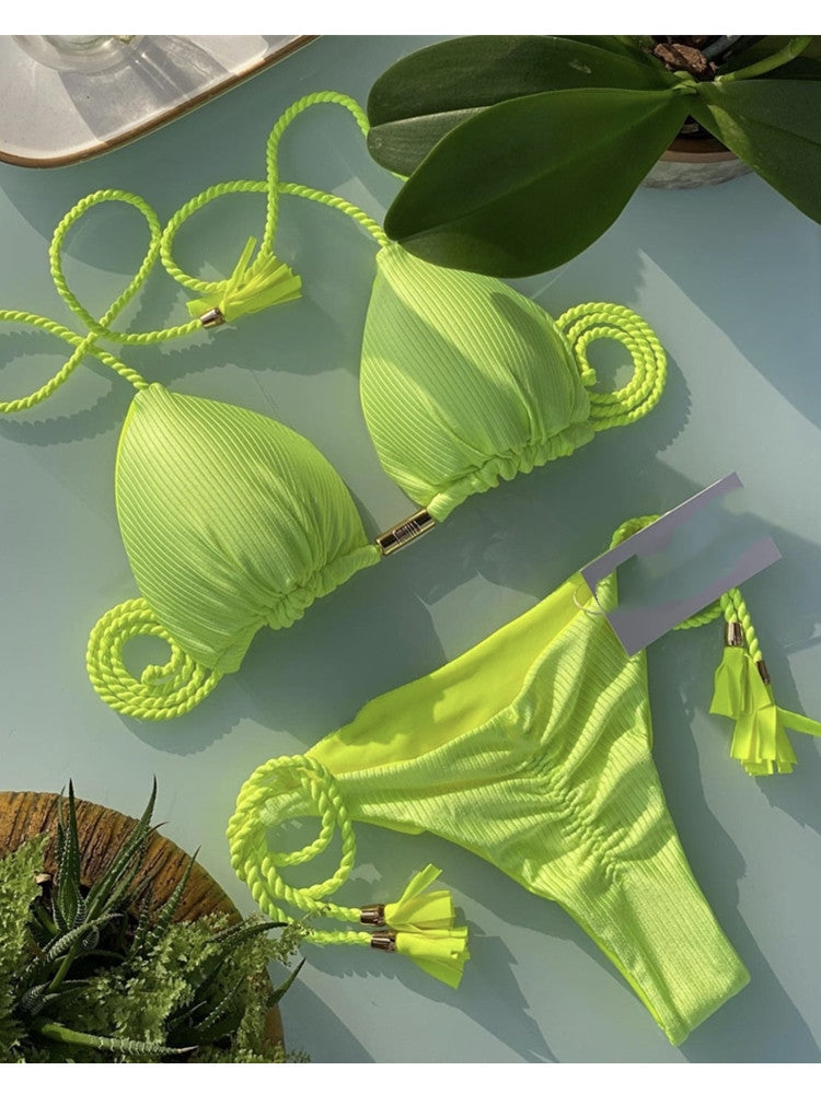 Fluorescent Green Ribbed Bikini Set