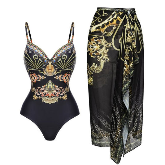 Retro French Style Ruched One Piece Swimsuit with Sarong