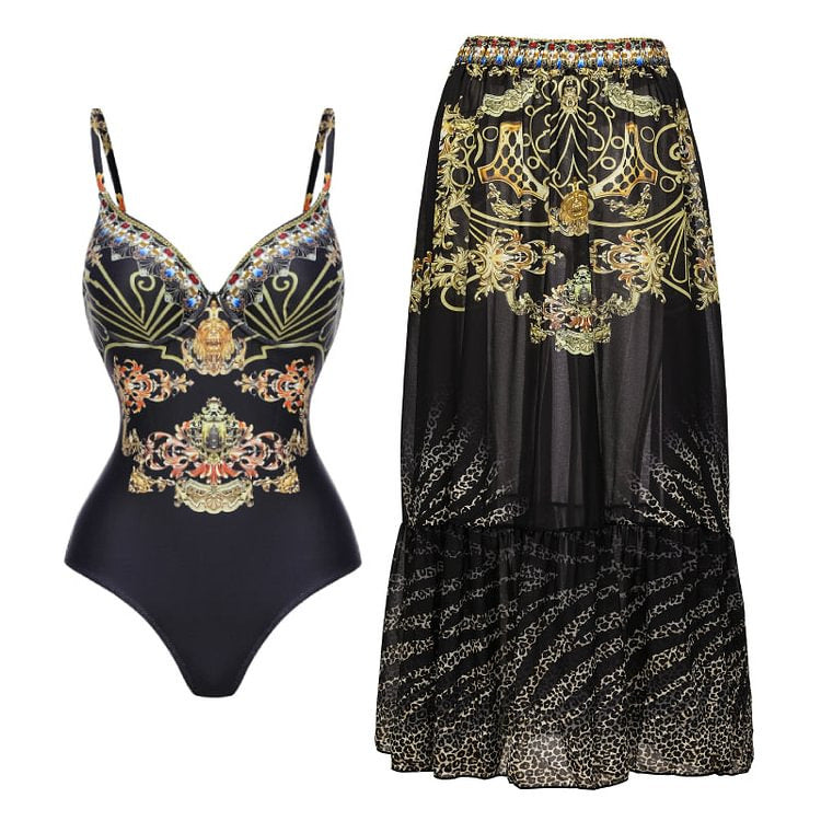 Retro French Style Ruched One Piece Swimsuit with Sarong