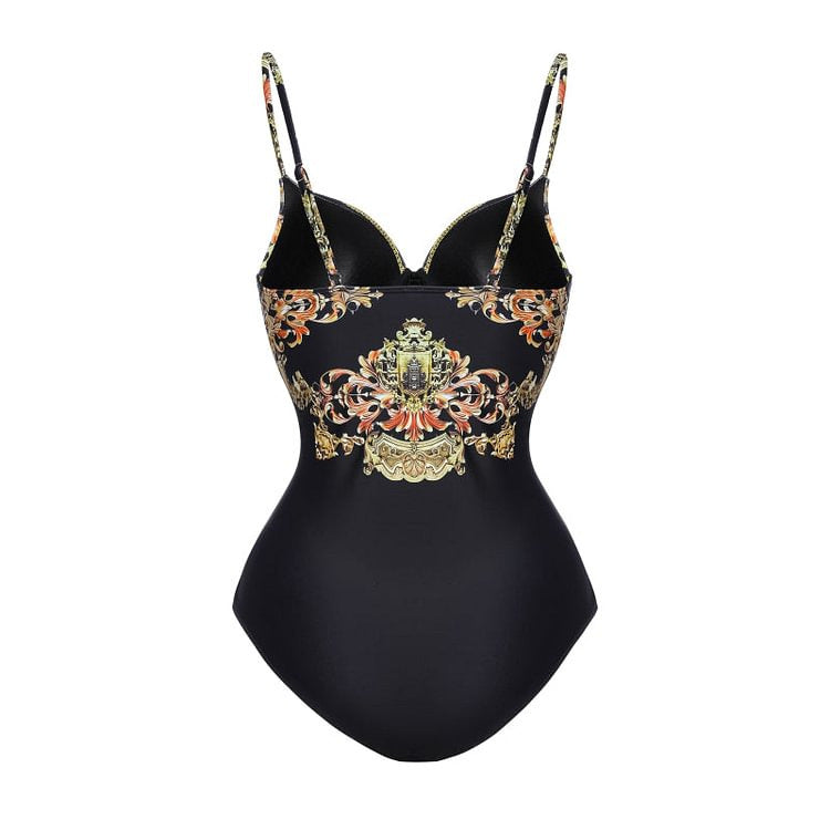 Retro French Style Ruched One Piece Swimsuit with Sarong