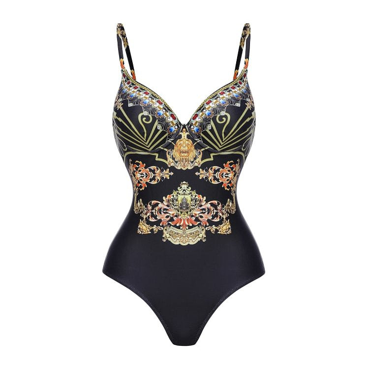 Retro French Style Ruched One Piece Swimsuit with Sarong