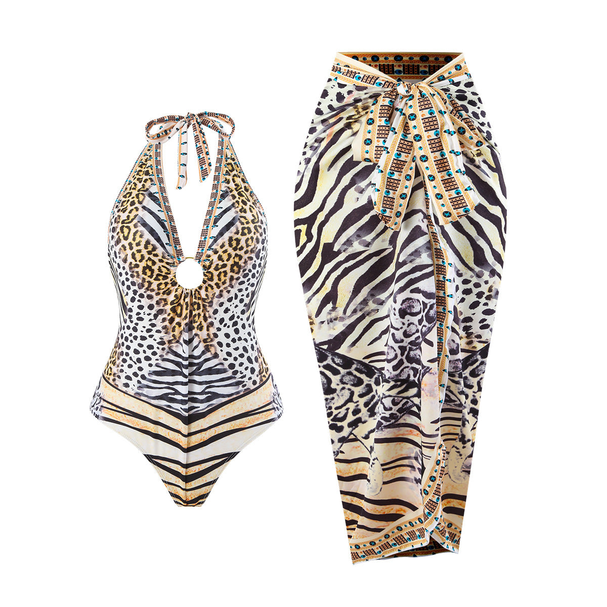 Leopard Print One-Piece Swimsuit Set