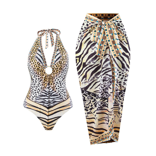 Leopard Print One-Piece Swimsuit Set