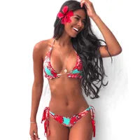 Red Floral Leaf Print Bikini