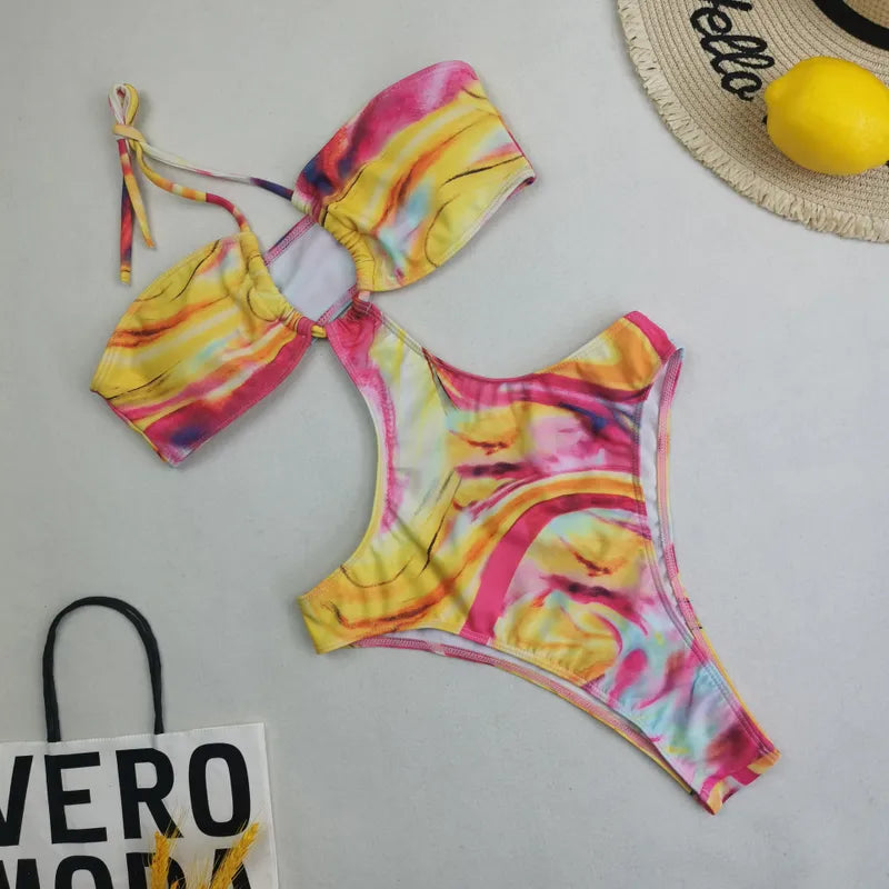 Multi Color One-Piece Swimsuit with Sarong