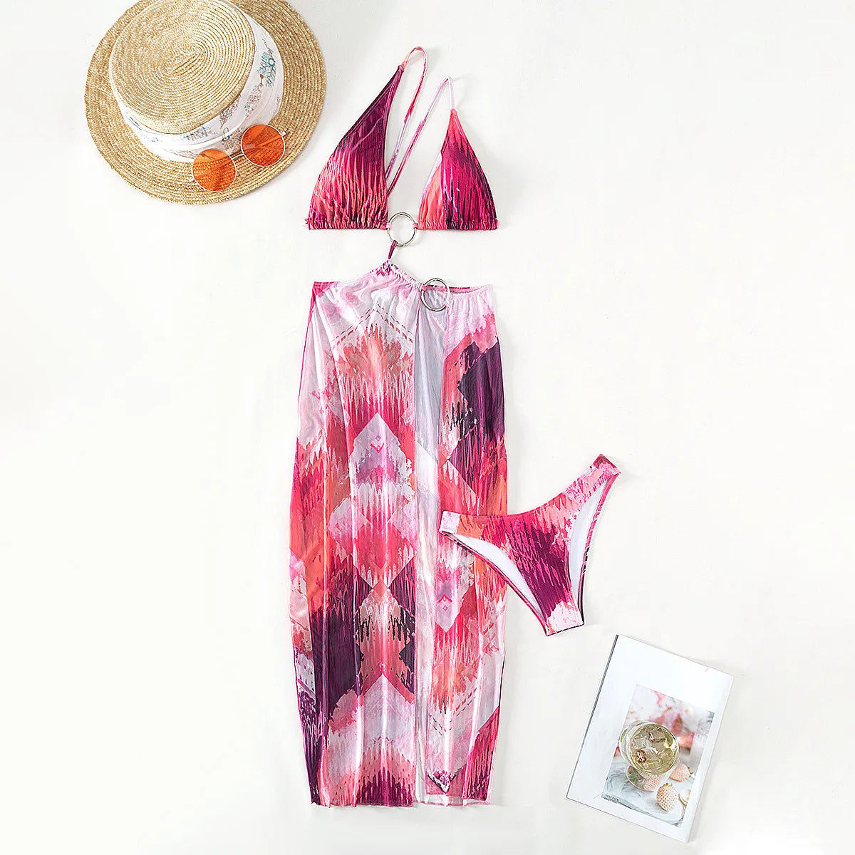 Pink Multi-color 3 Piece Bikini Set