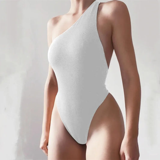 White Solid Color Patchwork Backless One Piece Swimsuit
