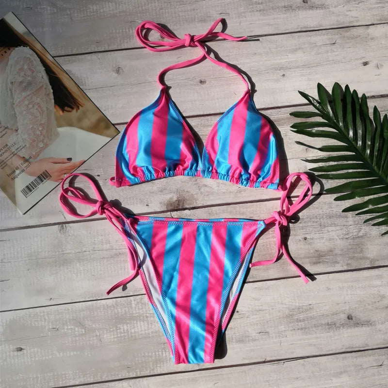 Pink and Blue Striped Bikini Set
