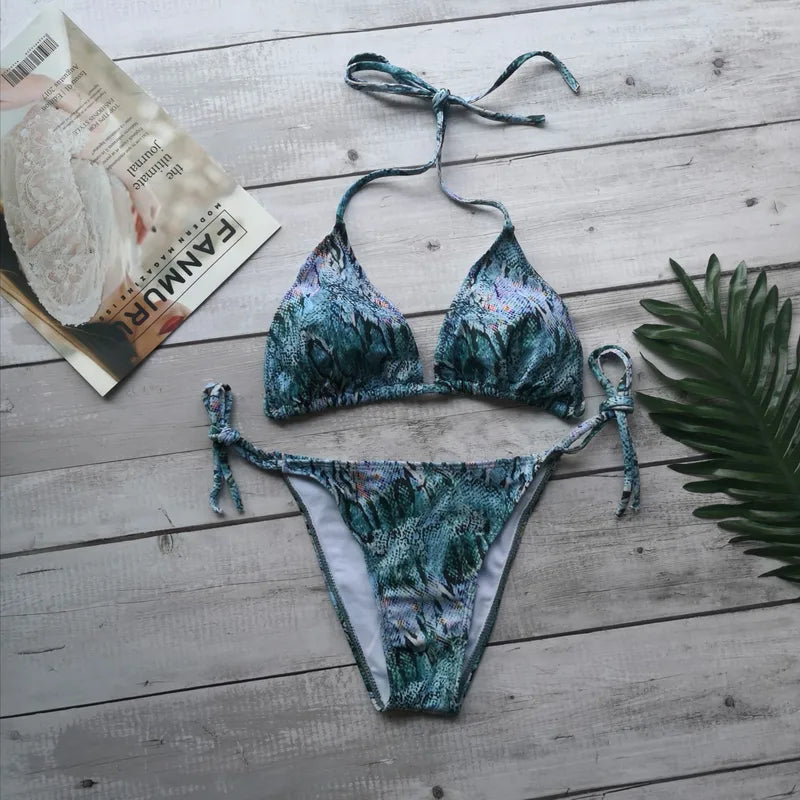 Blue Snakeskin Print String Bikini